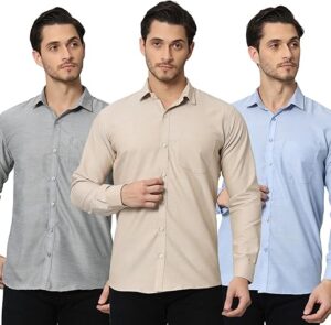 BIGREAMS Men's Cotton Formal Shirt with Patch Pocket | Casual | Oxford | Long Sleeve | Combo Pack of 3- Regular Fit (Blue, Beige, Grey)