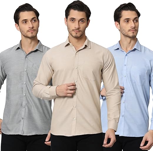 BIGREAMS Men's Cotton Formal Shirt with Patch Pocket | Casual | Oxford | Long Sleeve | Combo Pack of 3- Regular Fit (Blue, Beige, Grey)